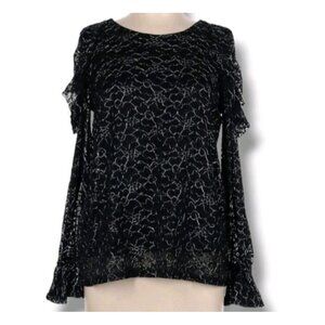 CAROLINA BELLE Women’s Black Lace Long Sleeve Blouse Size M Metallic Floral Shee
